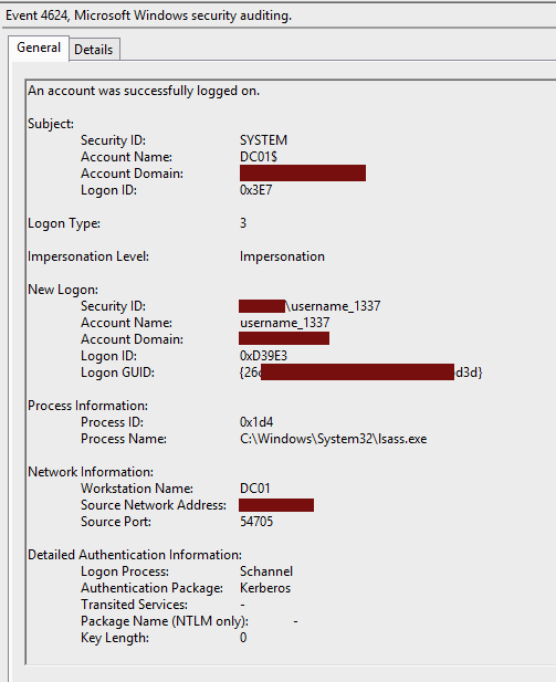 An event with ID 4624 on the DC: "An account was successfully logged on". The DC is DC01$ and the account name is username_1337. The logon process is "Schannel".