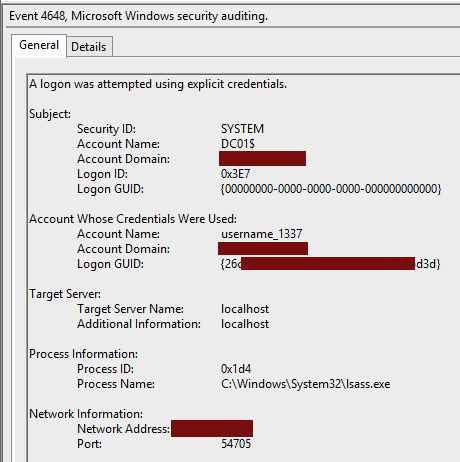 An event with ID 4648 on the DC: "A logon was attempted using explicit credentials". The DC is DC01$ and the account name is username_1337.