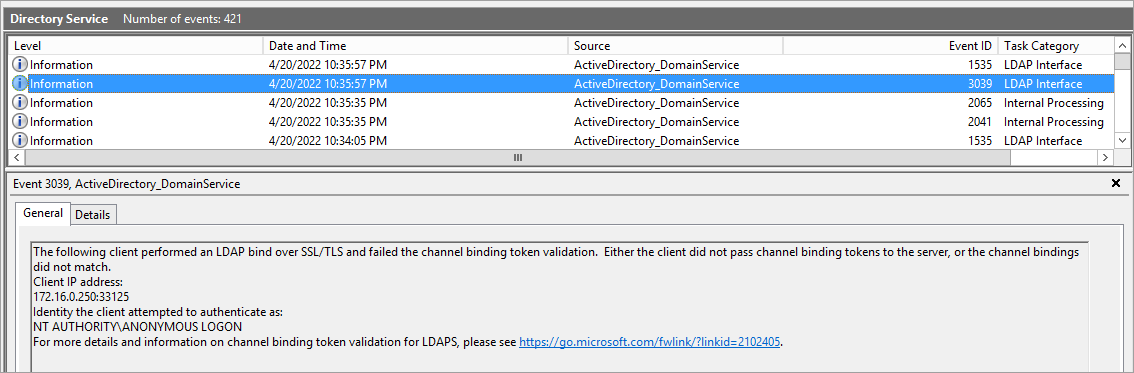 event number 3039 which is raised when a client failed to generate a valid Channel Binding token