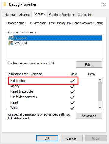 Everyone has Full Control over the Debug folder