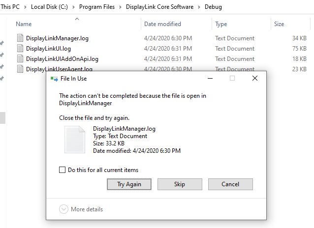The action can't be completed because the file is open in DisplayLinkManager
