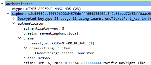 Wireshark capture that shows the authenticator part without channel binding token