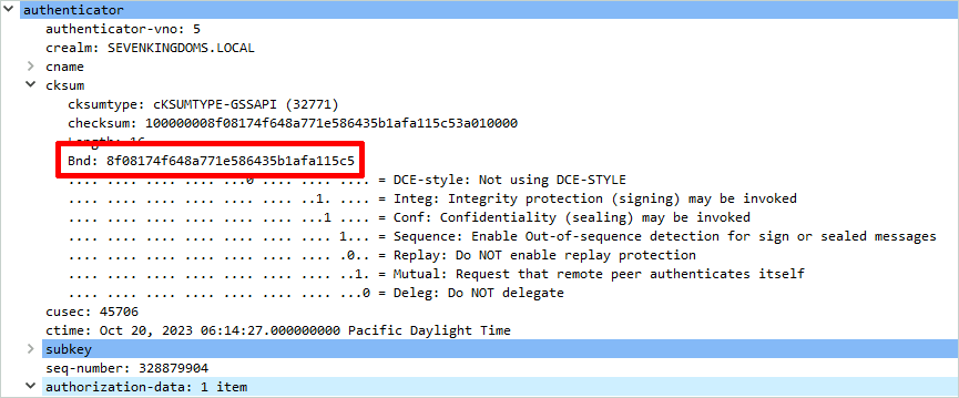 A wireshark capture with a channel binding token in a kerberos AP-REQ