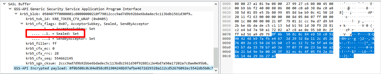 Wireshark capture of a LDAP payload encrypted by Kerberos