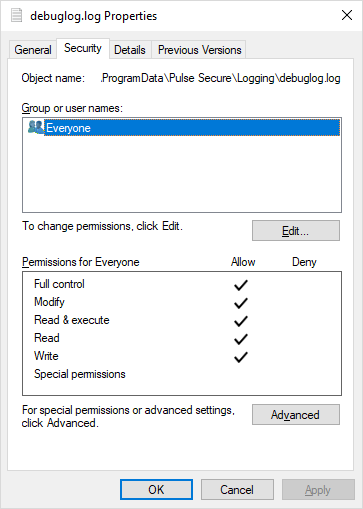 Properties of file debuglog.log