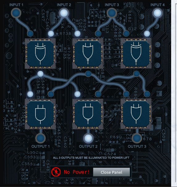 The Frostavator panel is now open. We set some kind of circuit board. There are two lines of three spots for logic gates. Let's call them A1, A2, A3 for the first line, and B1, B2, B3 for the second line. Entries for A1 are 0 and 1. Entries for A2 are 1 and 0. Entries for A3 are 0 and 1. Entries for B1 are output of A1 and output of A2. Entries for B2 are output of A1 and output of A3. Entries for B3 are output of A2 and output of A3. The goal is to have B1, B2, and B3 output 1. Indeed there's a label saying "All 3 outputs must be illuminated to power lift". Below, there is a text area that says "No power!". The six available logic gates are XOR, NOR, XNOR, AND, NAND, OR.