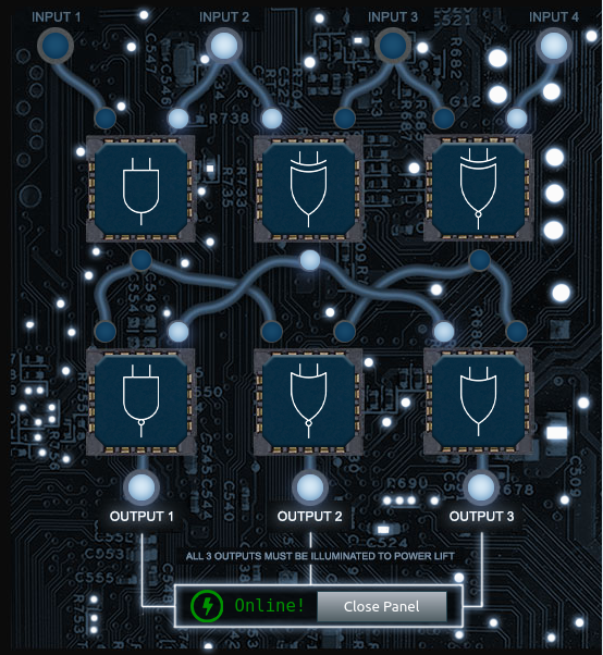 The Frostavator panel is now lit up. Keeping the previous definitions of A1, A2, A3, B1, B2, and B3, the correct solution is A1 is AND, A2 is XOR, A3 is XNOR, B1 is NAND, B2 is NOR, B3 is OR. The text area now says "Online!".