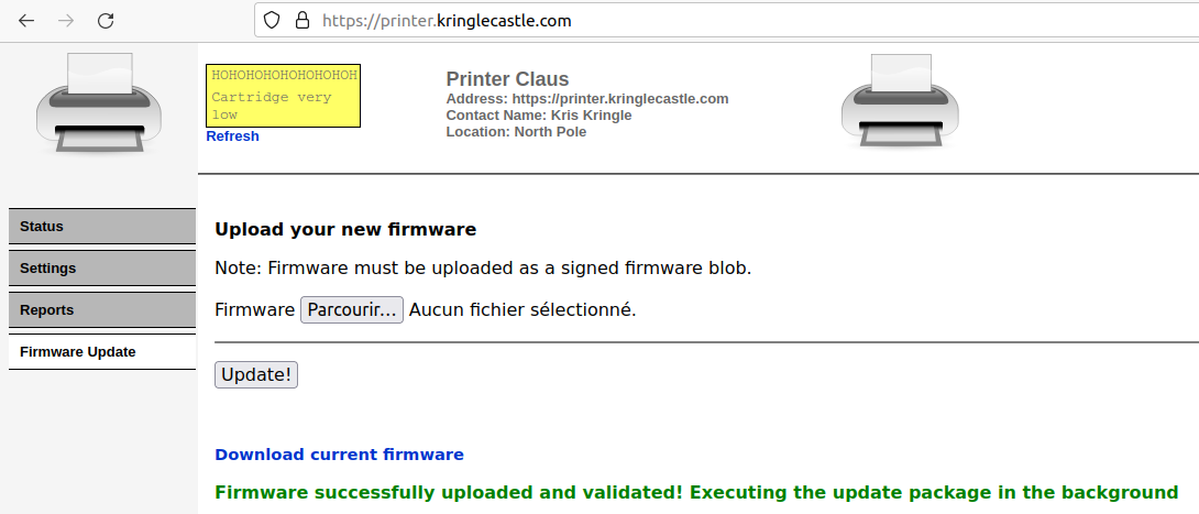 The web interface sends a success message: "Firmware successfully uploaded and validated! Executing the update package in the background"