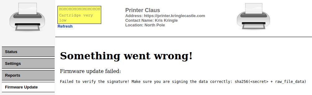 The web interface sends the following message: "Something went wrong! Firmware update failed. Failed to verify the signature! Make sure you are signing the data correctly: sha256(<secret> + raw_file_data)