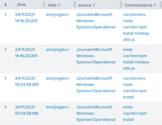 The result of our filter. We can see that Eddie used NPM to install a package called holiday-utils-js.