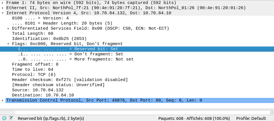 The detail of the IPv4 header of the first frame of the network capture. We can see that the most-significant bit of the fragmentation flags is set to 1. The name of this bit in Wireshark, that can be used in filters, is ip.flags.rb.