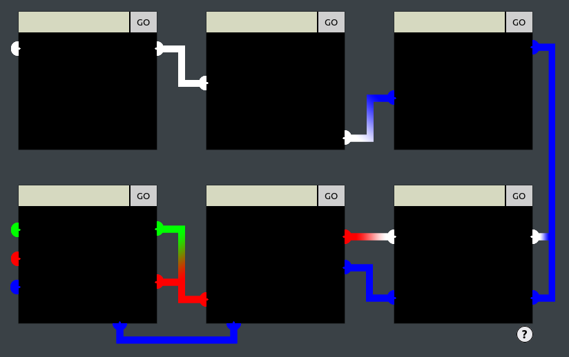 The Boria Mine cells. There are six of them, connected with various color sensors. The first ones are white, then blue, then there are some cells with multiple color sensors (white and blue; red and blue; red, green, and blue). Sorry, it's a super graphic challenge. You can skip ahead.