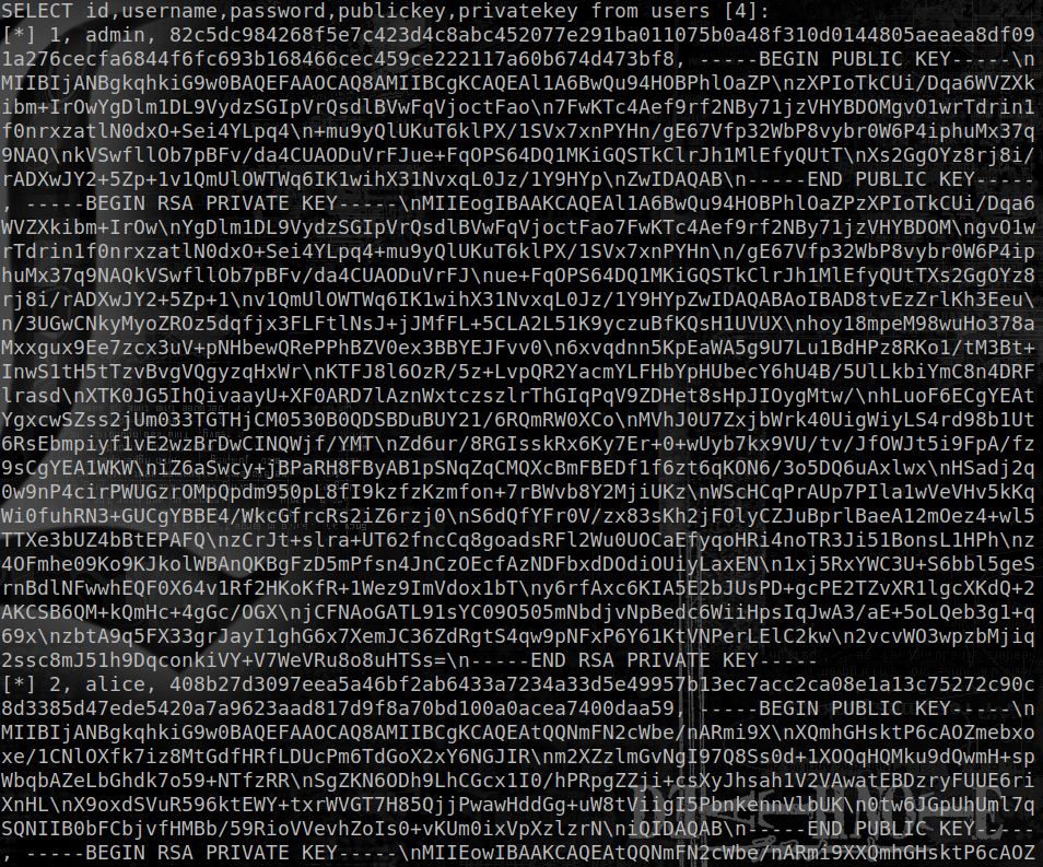 SELECT FROM users shows public and private keys
