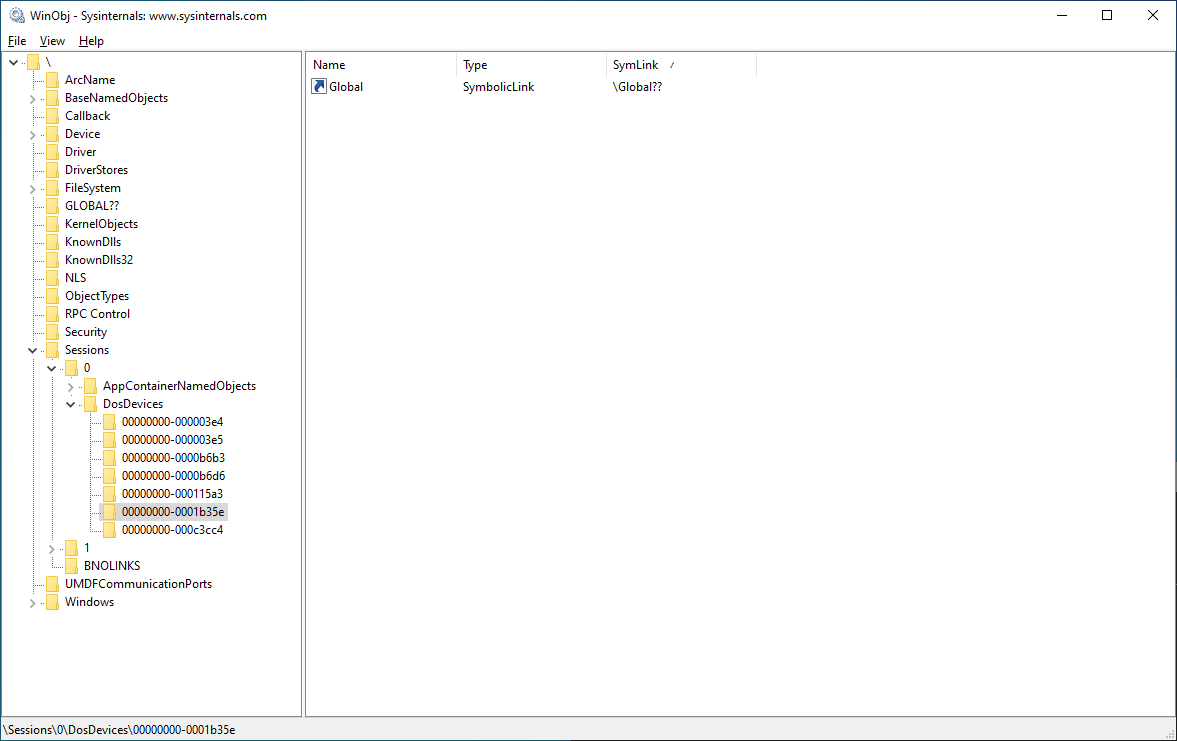 WinObj showing the DosDevice directory for the session with only a Global link