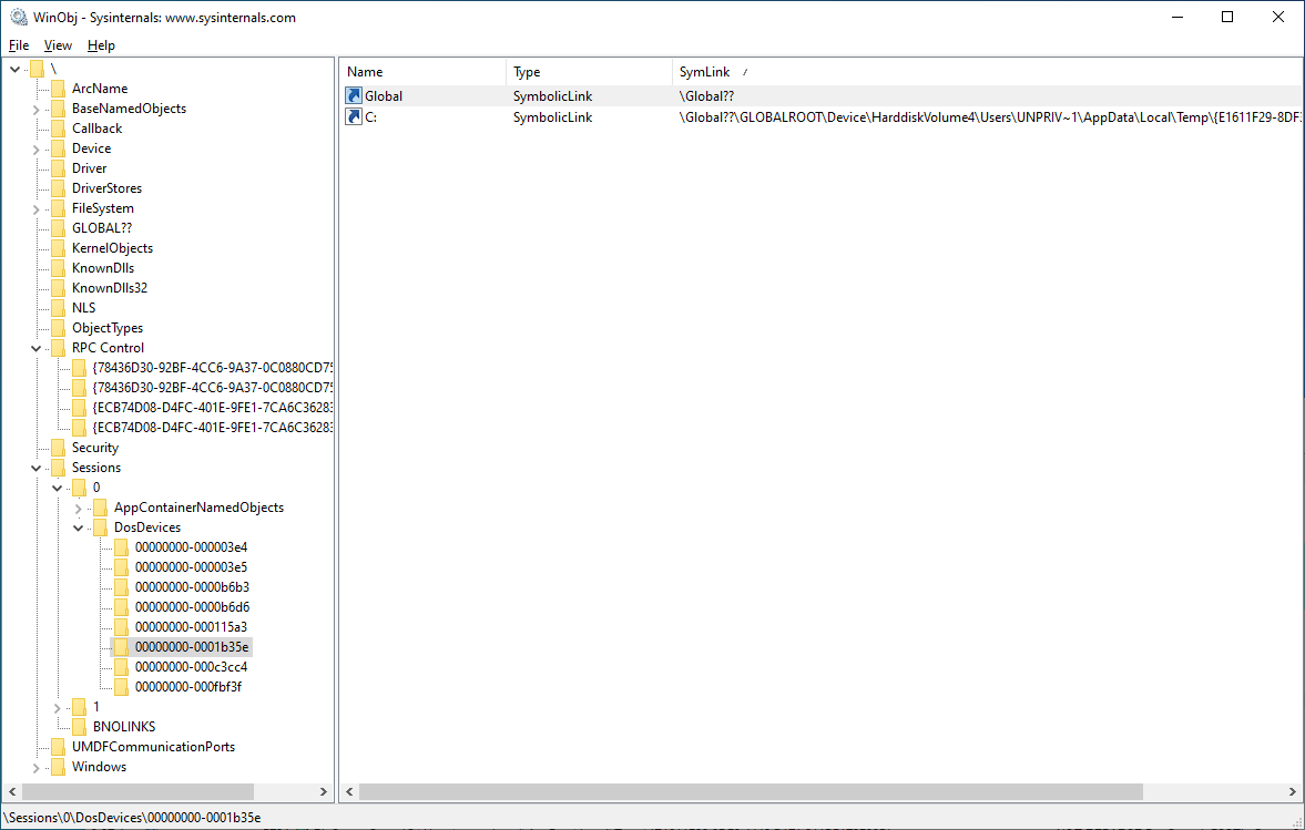 WinObj showing the DosDevice directory for the session with an additional C: link