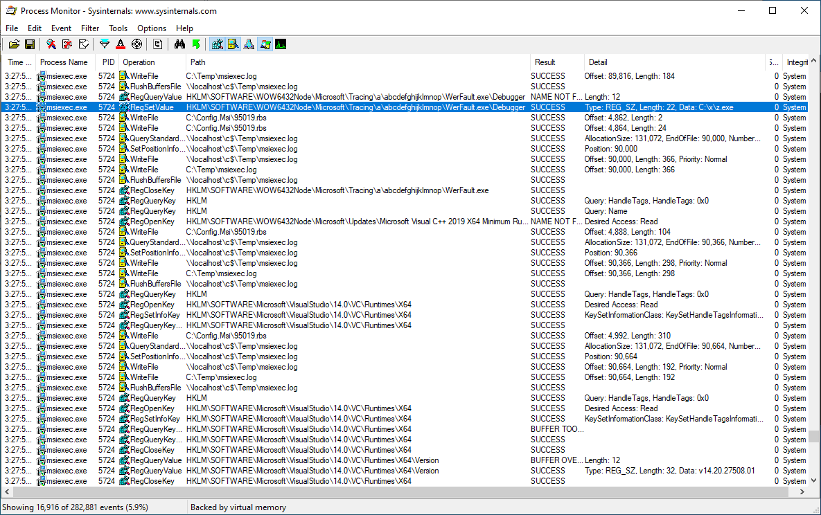 Procmon showing msiexec creating the debugger registry key