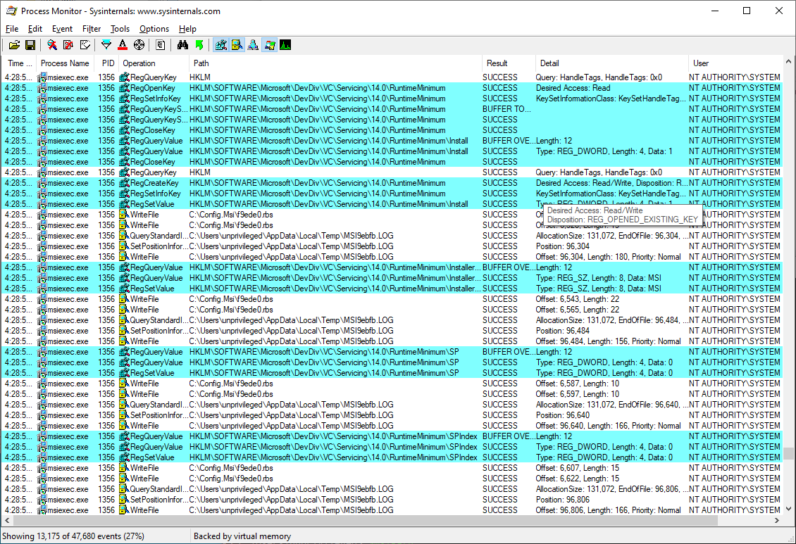 Procmon showing msiexec setting registry keys as SYSTEM